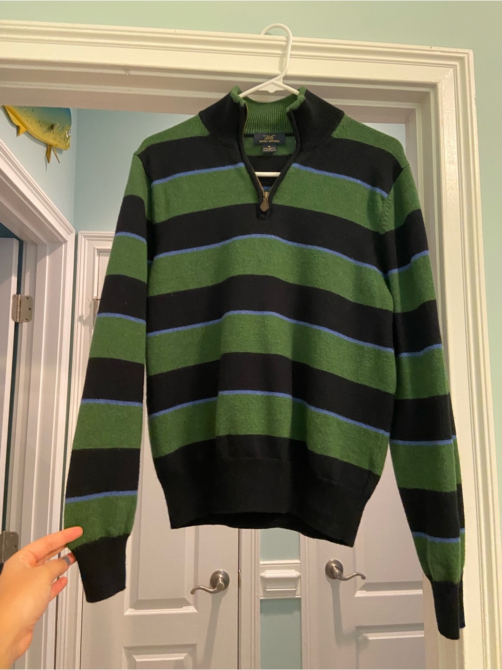 Brooks Brothers 100%Merino Wool Striped Quarter Zip Mens Sweater